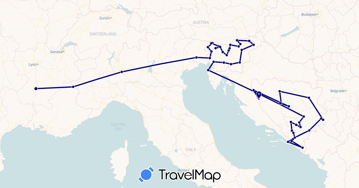 TravelMap itinerary: driving in Bosnia and Herzegovina, France, Italy, Slovenia (Europe)
